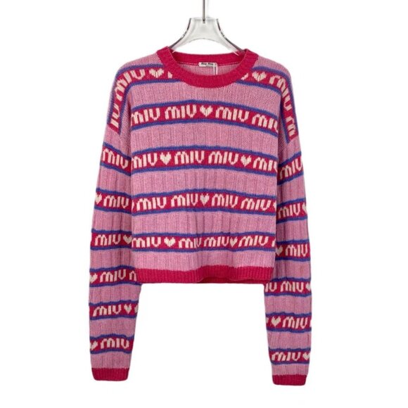 Miu Miu Pink & Purple Striped Knit Wool Sweater With Heart Motif Womens Size 38 - Picture 1 of 8